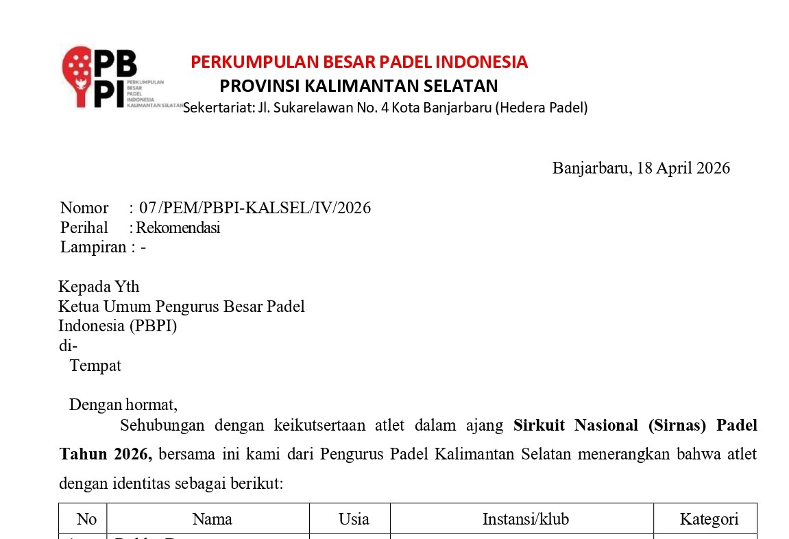PBPI Kalimantan Selatan Rekomendasikan Atlet untuk Berlaga di Sirnas Padel 2026 Semarang
